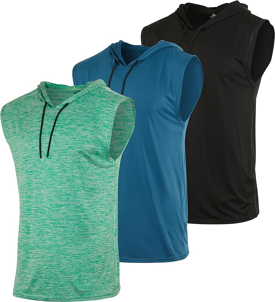 Real Essentials 3 Pack: Mens Dry-Fit Active Hooded Tank Top - Workout Sleeveless Hoodie Drawstring (Available in Big & Tall)