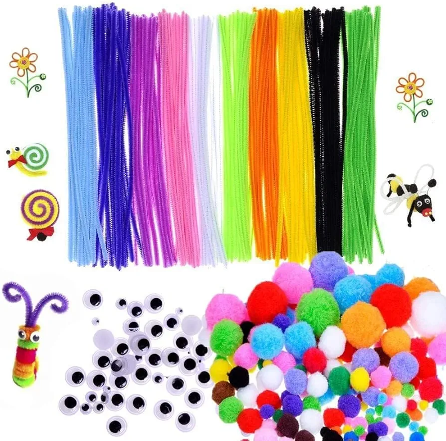 450 Pcs Craft Supply Set, Which Includes 100Pcs Pipe Cleaners Chenille Stem, 150Pcs Self-Sticking Wiggle Googly Eyes and 200Pcs Pompoms for DIY School Art