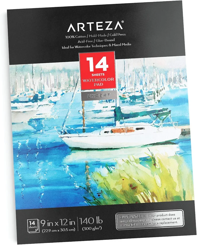 ARTEZA Watercolor Paper, 14 Sheets, 9x12 Inches Water Color Paper, 140lb/300gsm, 100% Cotton, Cold Press, Acid Free Art Paper