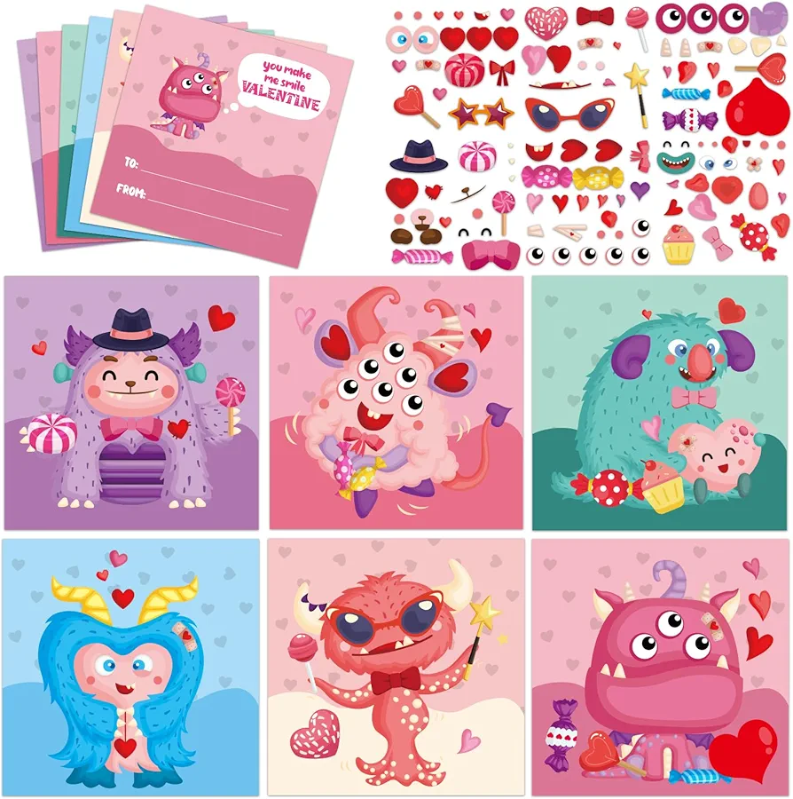 D4DREAM Monster Valentines Day Crafts for Kids 24pcs Valentine Stickers Sheets DIY Art Cards Make Your Own Face Stickers Make A Face Stickers for Kids Girl Boy Birthday School Classroom Party Supplies