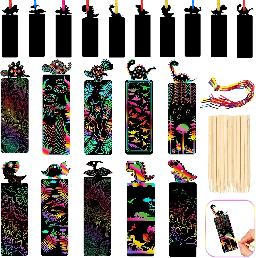 Scratch Bookmarks Art 100 Pcs Dinosaur Scratch Bookmark Bulk with 30 Wooden Stylus and 100 Colorful Ribbons DIY Craft Activity Party Favors Gifts Classroom School Decor Supplies for Student