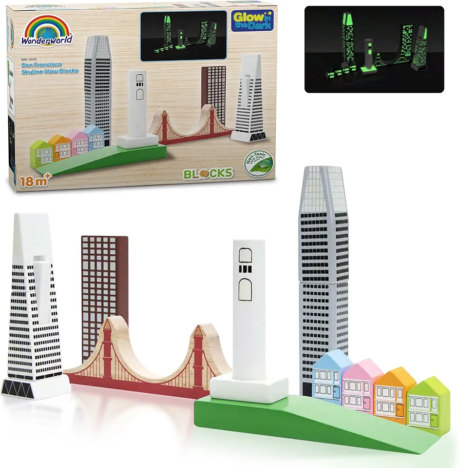 Wooden Blocks, Building Blocks for Kids, San Francisco City Skyline Set, Wood Blocks for Toddlers, Educational City Set with 6 Famous Landmarks, 15 Pieces