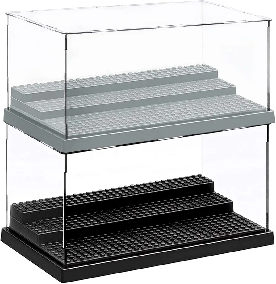 AELS 3-Level Acrylic Display Case, Dustproof Showcase for Collection Bricks Blocks Toys Models Minifigures Building, Clear, Removable, Black and Grey