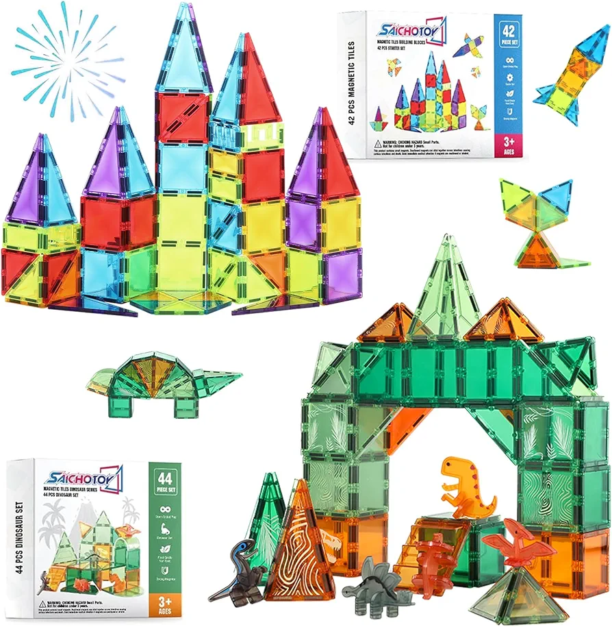 Magnetic Tiles Combo Set: 42 PCS Magnetic Tiles + 44 PCS Dinosaur Toys for Toddler Kids Ages 1-3 4-8