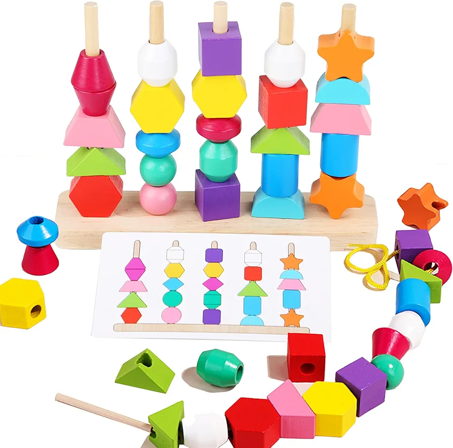 Montessori Wooden Beads Sequencing Toy Set and Stacking Stone - Educational Occupational Therapy Tools for Toddlers 1-3, Building Blocks, Fine Motor Skills Toys for 2+ Year Old Boys and Girls