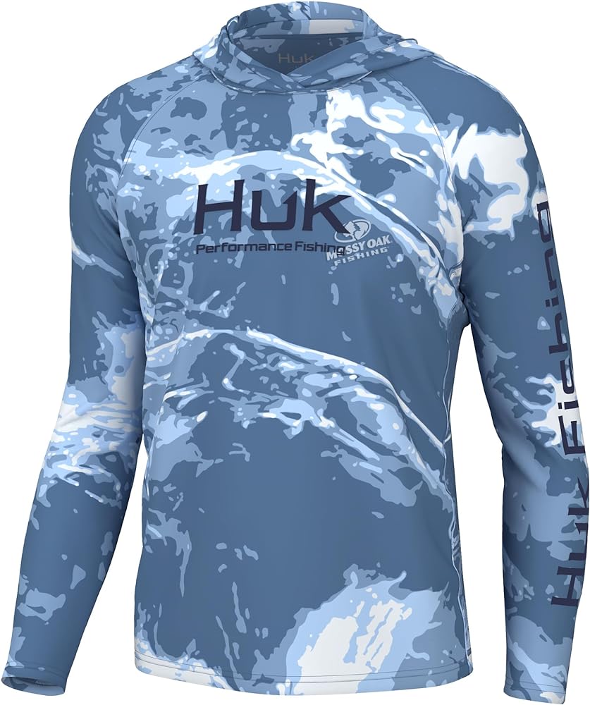 HUK Men's Standard Pursuit Pattern Hoodie, Sun Protecting Fishing Shirt with Hood, Mossy Oak-Stormwater Spindrift