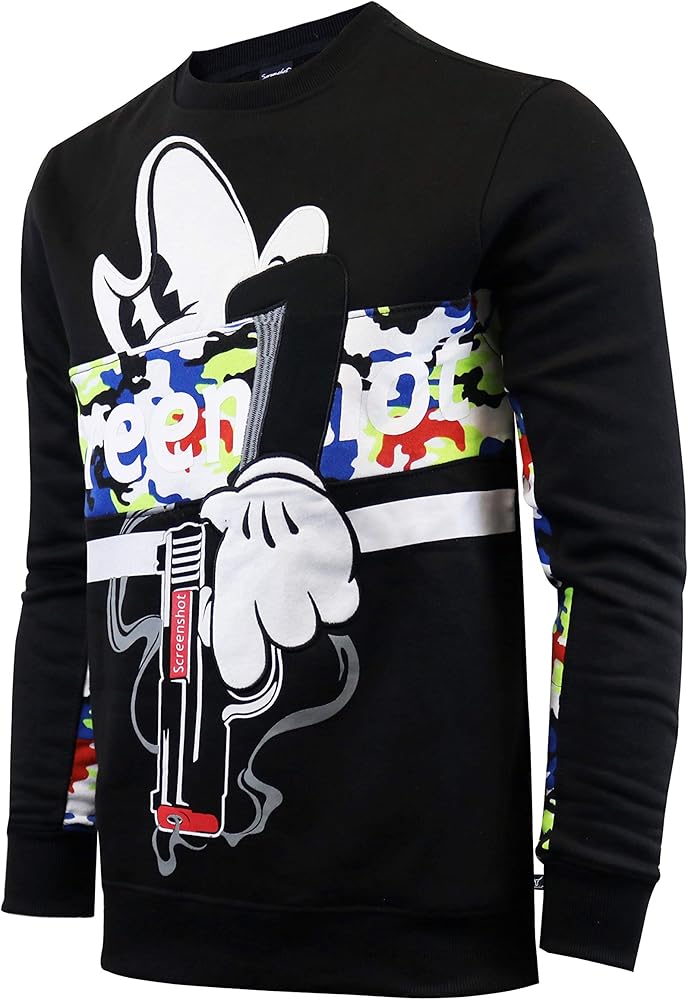 SCREENSHOT-F11967 Mens Urban Hip Hop Premium Fleece - Pullover Activewear Cartoon Fashion Crew Neack Sweatshirt-Black/Camo-Medium