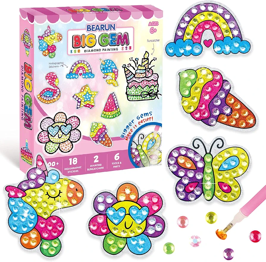 BEARUN Gem Art, Kids Diamond Painting Kit-Big 5D Gem, Arts and Crafts for Girls Ages 6-12, Create Your Own Magical Stickers and Suncatchers - Diamond Art Gift for Girls Ages 6, 7, 8, 9, 10-12, 6-8