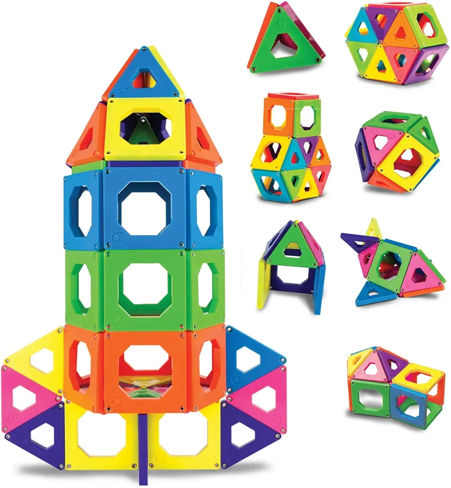 Discovery Kids 50-Piece 3D Magnetic Tile Set in 6 Colors, Construction Building Block Creativity Kit, Educational Learning STEM Toy, Safe Non-Toxic Engineering Development Preschool Activity, Ages 4+