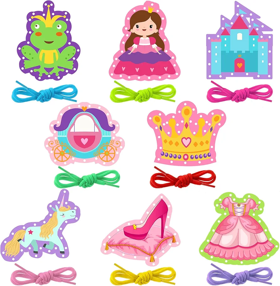 Zonon 8 Pieces Kids Lacing Cards Sewing Cards in 8 Patterns Lacing Games for Developing Imagination Education Supplies Children Sewing Game Favors (Princess, Castle Style)