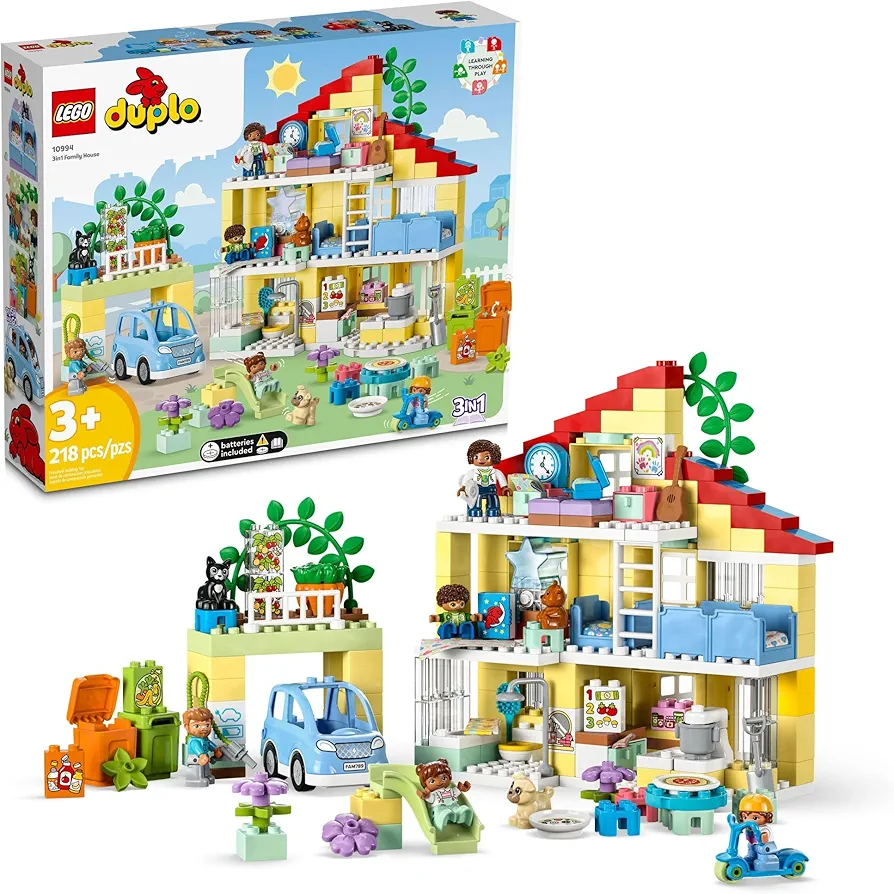 LEGO DUPLO Town 3 in 1 Family House 10994 Educational STEM Building Toy Set, Gift for Christmas for Toddlers Ages 3 and Up, Car Toy and 3 Floor House Lets The Whole Family Build, Play and Learn