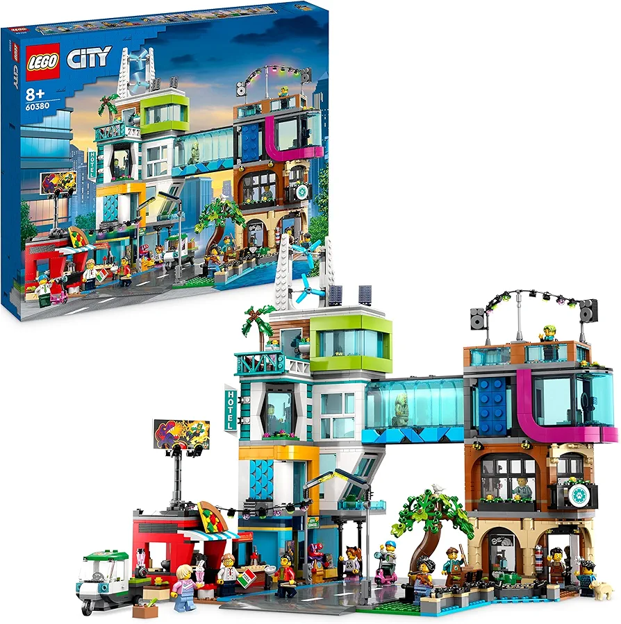 LEGO City Downtown 60380 Building Toy Set, Multi-Feature Playset with Connecting Room Modules, Includes 14 Inspiring Minifigure Characters and a Dog Figure, Sensory Toy for Kids Ages 8+