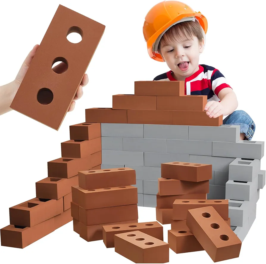 Zhanmai 50 Pack Foam Brick Building Blocks for Kids Thick Foam Cinder Blocks Large Fake Bricks Foam Toy Construction Blocks for Stacking and Construction 8 x 4 x 2.4 (Square Round)