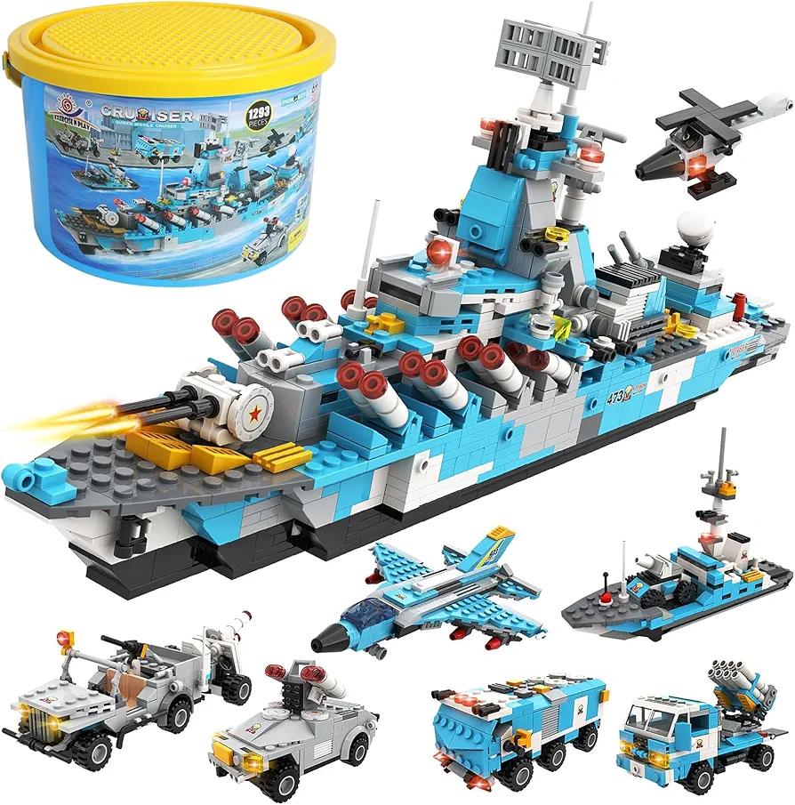 1294 Pieces Military Battleship Building Blocks Set,6 In 1 Cruiser Warship Toy with Patrol Boat,Fighter Plane,Missile Vehicle,Armored Tank,Storage Box with Baseplate Lid,Gifts for Boys Girls Ages 6+