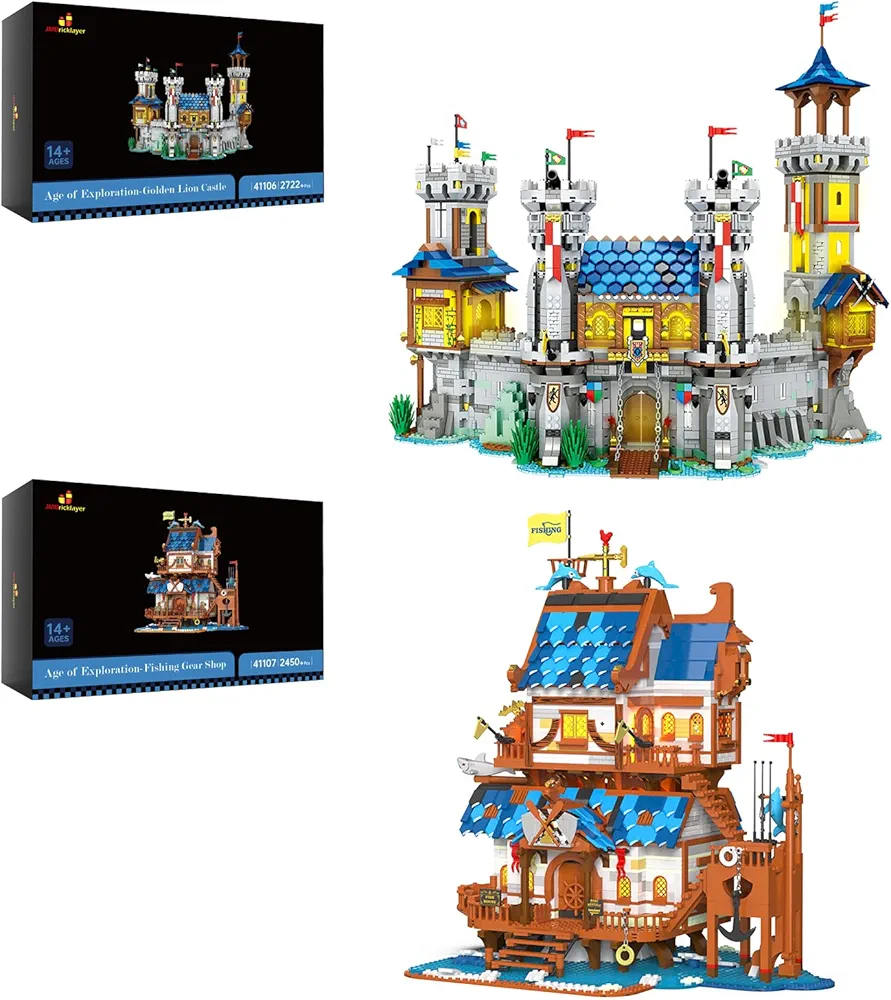 JMBricklayer Medieval Castle Building Set 41106 & Medieval Fishing Shop Building Set 41107, Collectible or Home Office Display, Gifts for Boys Girls