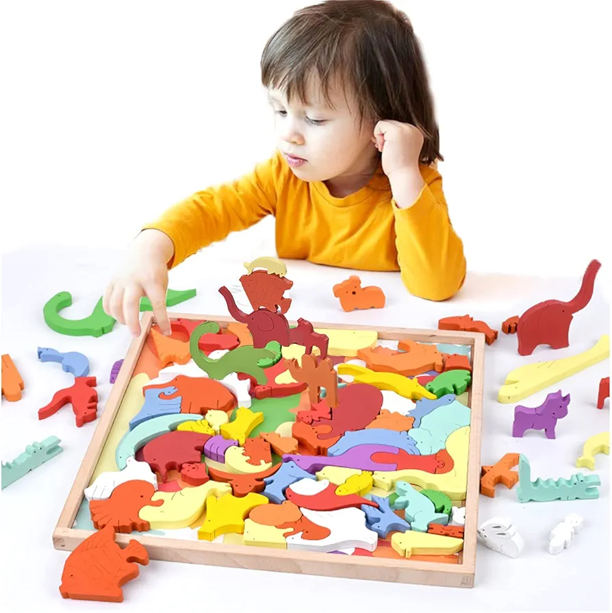 2in1 Wooden Stacking Blocks for toddlers Puzzles Farm Animal Toys, Montessori Fun Toys for Kids Preschool Learning Educational Wood Building Blocks Set for 3-7 Year Old Boy Girl