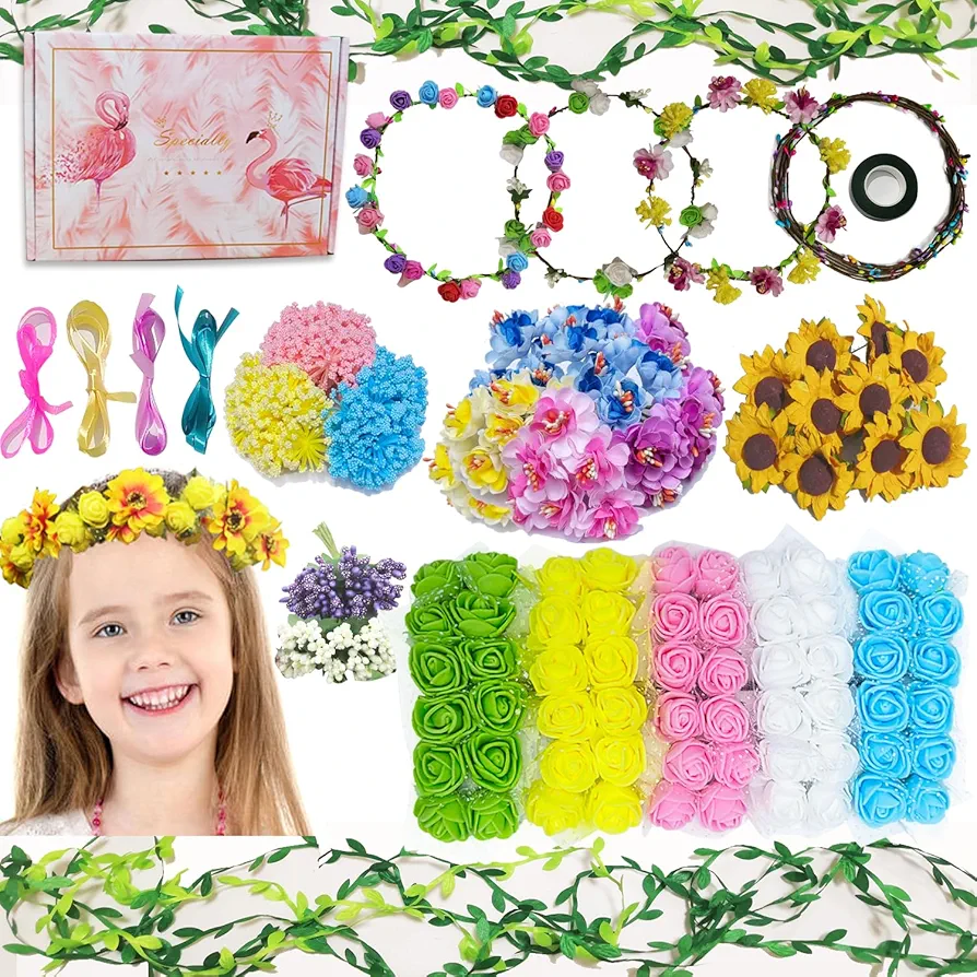 WUBOMJIO Flower Crowns Craft Kit, Make Your Own 12 PCs Flower Crowns Garland Handmade Arts and Crafts for Kids, DIY Fairy Flower Headbands and Bracelets,Hair Accessories Gift for Girls/Teens/Women