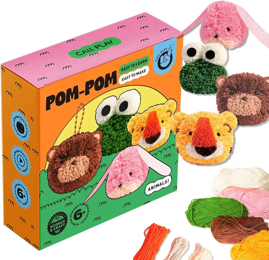 Pom Pom Arts & Crafts Kit for Kids, Animals Craft Kit Activity for Age 6+, DIY Plush Craft Set, Craft Supplies Gift for Little Boys & Girls