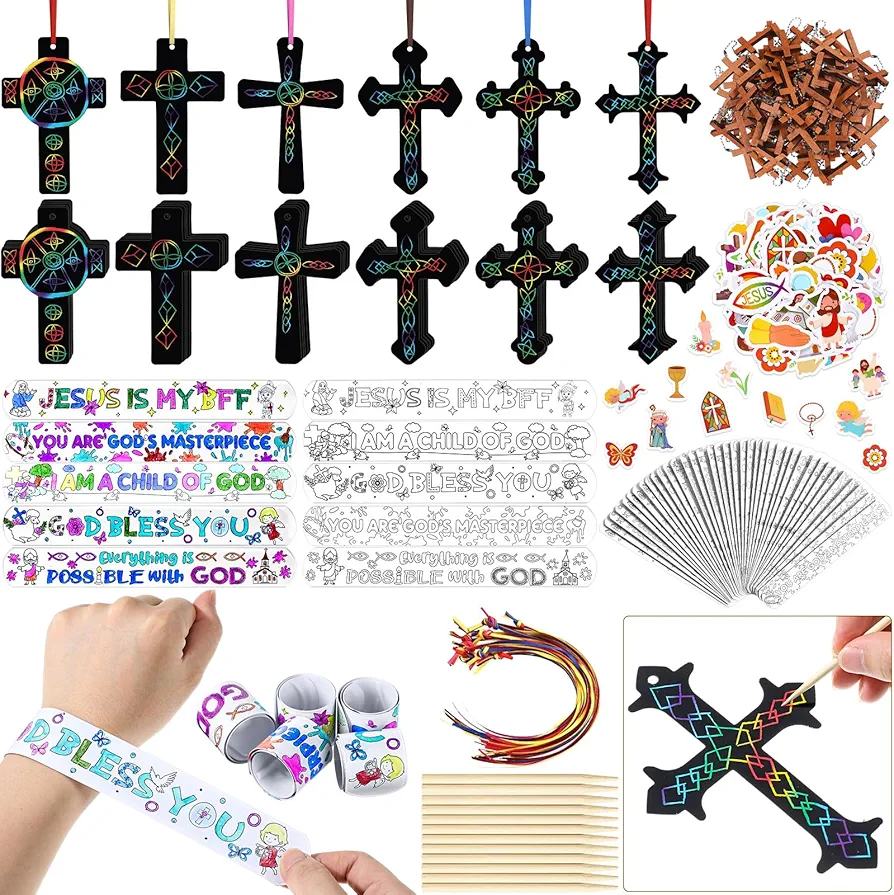 Frienda 50 Sets Religious DIY Crafts Kits, Bible Verse Slap Bracelet Cross Scratch Ornaments Wooden Cross Charms Christian Stickers for Religious Gift Gathering Party Supplies Decoration