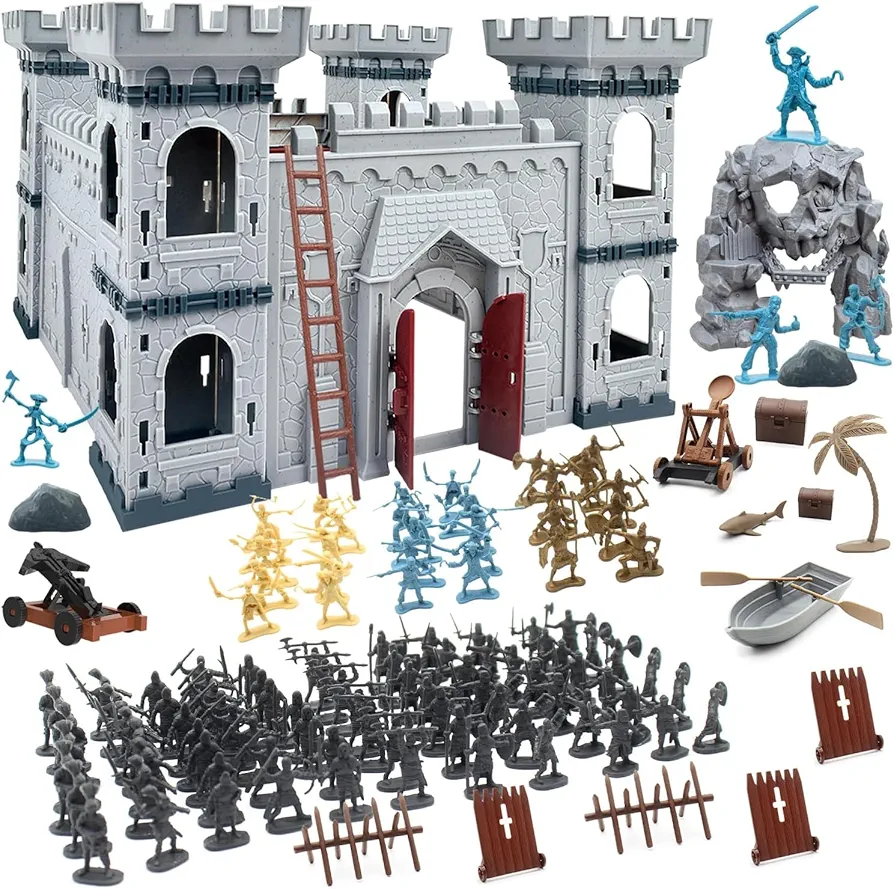 Mostop Medieval Castle Knight Toy Soldier Figures Army Men Toys, The Medieval Times Middle Ages Castle Building Toy Piracy Knight Action Figurines with with 20 Piracies, 12 Soldiers, 200 Mini Army Men