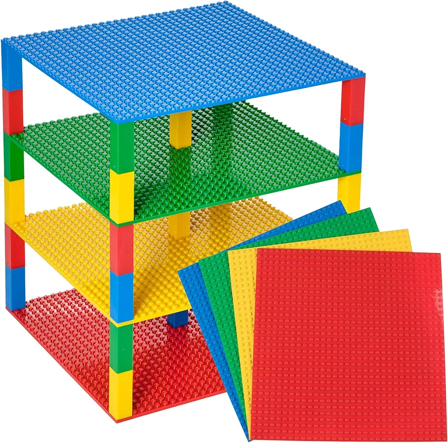 Strictly Briks Toy Building Block - Classic Stackable Baseplates 10x10 Inch Brik Tower for Baby, 4 Baseplates & 30 Stackers - Blue, Green, Red & Yellow, 34 Pc