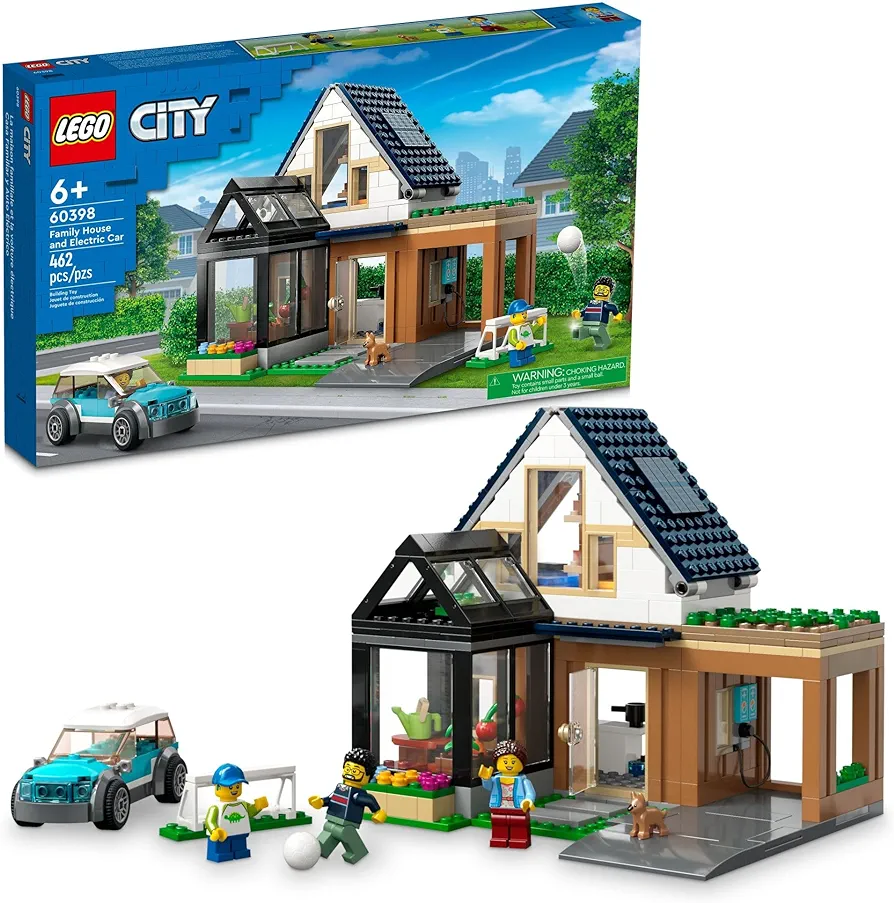 LEGO My City Family House and Electric Car 60398 Building Toy Set, includes a Kitchen, 2 Bedrooms, Greenhouse, Solar Panels Plus 3 Minifigures and a Puppy, Gift Idea for Ages 6+