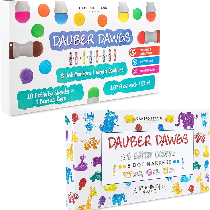 Cameron Frank Products Washable Dot Markers - 8 Pack Regular Dot Markers + 8 Pack Glitter Dot Markers, 16 Total Dauber Dawgs Dot Markers with 20 Activity Sheets To Do!