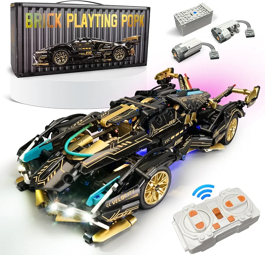 Sports Car Building Sets with Remote Control, Adults Model and Racing Sports Collectable Model Car Building Kit, 1:14 Construction Toy Sports Car for Boys Men Teens Gold