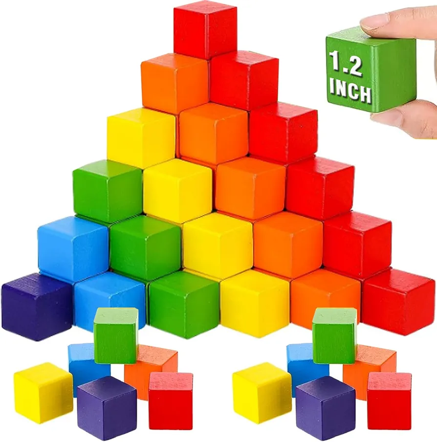 100 Pcs 1.2 Inch Wooden Building Blocks Stacking Game, Rainbow Wooden Blocks Set Square Colorful Wooden Cubes Counting Blocks Large Blocks Learning Educational Toys for Math Girls Boys