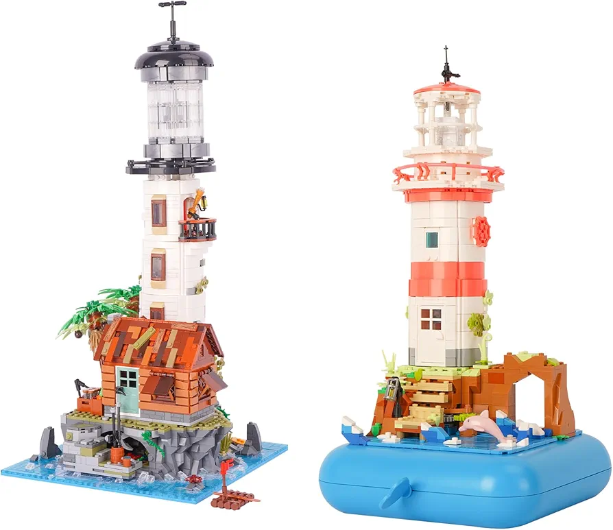 Toy Building Block Set, Village Lighthouse & Music Lighthouse Creative Mini Construction Bricks, Christmas Birthday Gift for Adult Children Teens Kids Boys Girls 8+ 10+