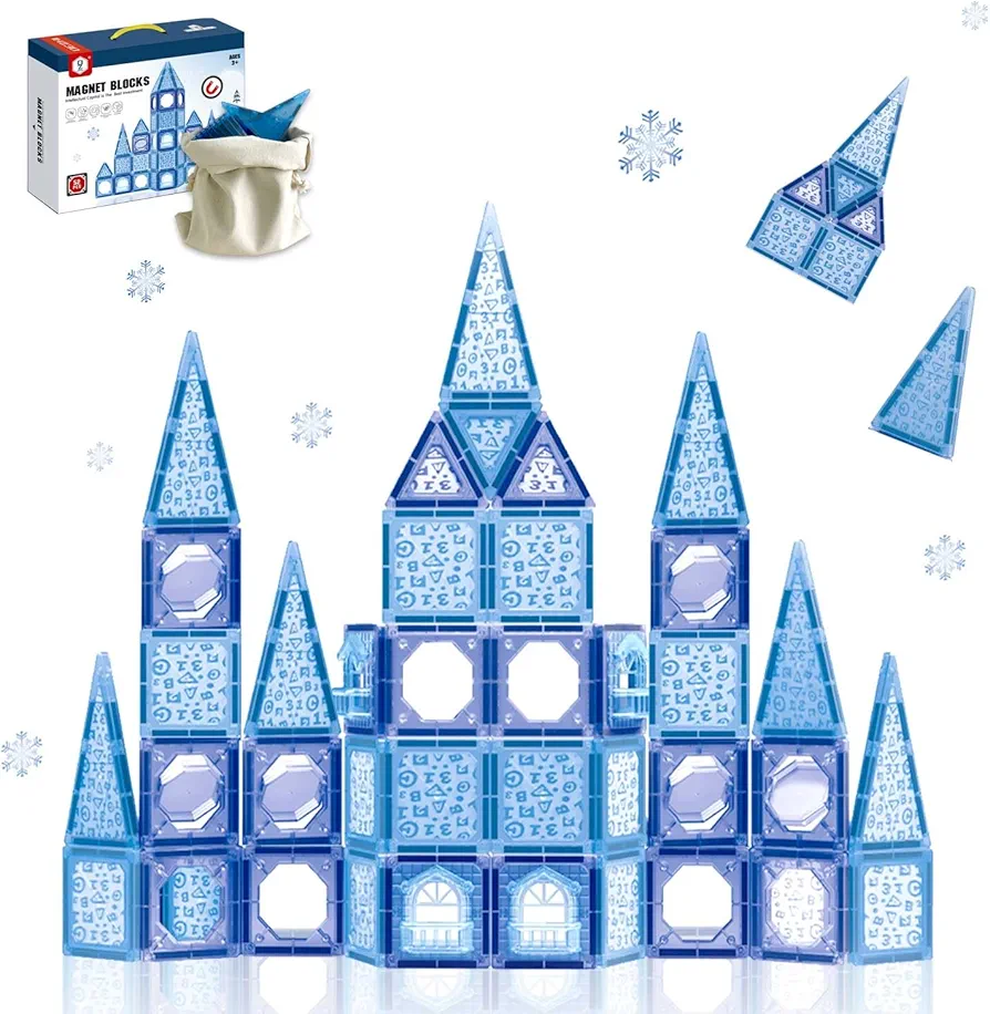 52pcs Frozen Princess Castle Magnetic Tiles Building Blocks, STEM Educational Toddler Toys for Pretend Play, 4-10Year Old Girl Birthday Gifts