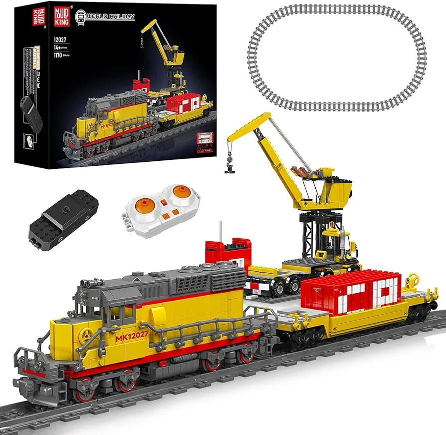 Mould King 12027 Diesel Locomotive Train Building Sets with a Semi-Trailers, Cranes, Remote/App Control Engineering Toy Kit, SD40-2 Scale Model with Train Tracks for Adults Kids (1170 Pieces)