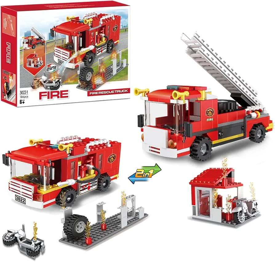 2 in 1 City Fire Truck Fire Station Building Blocks Fire Engine Vehicles Set Fire Fighter Building Kit Fire Rescue Toys Xmas Gifts Present Building Bricks for Kids Aged 6-12 (184pcs)