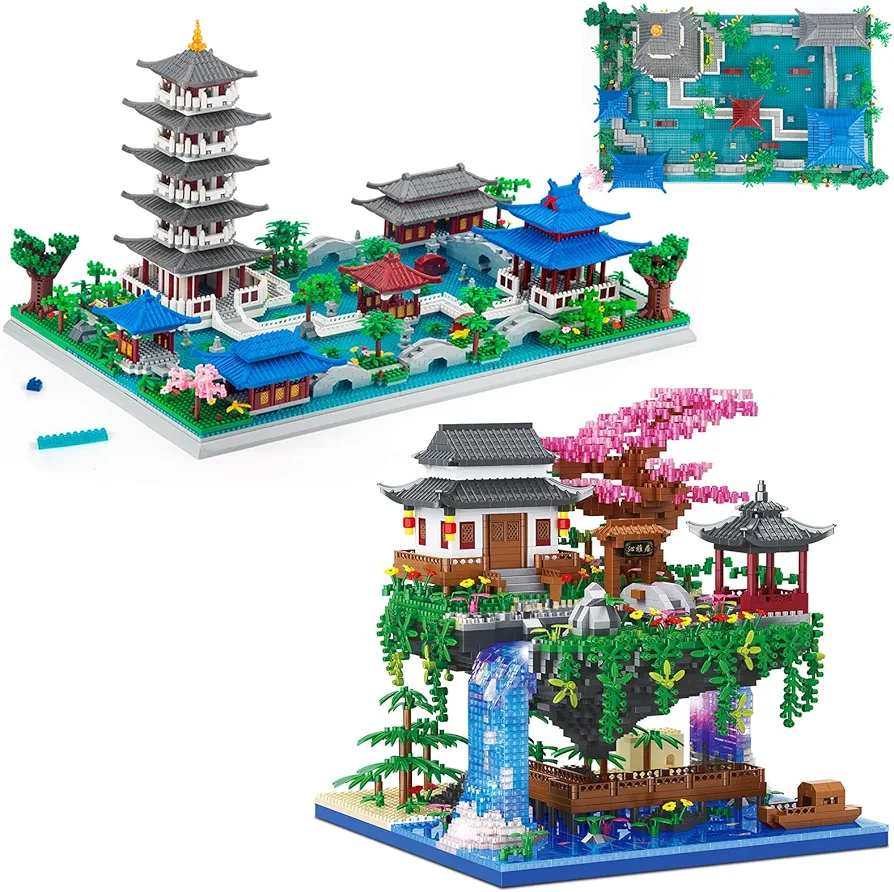 Cherry Blossom Bonsai Tree Building Set and Chinese Architecture Micro Building Blocks Set of Hangzhou West Lake, Creative Building Toys Gifts for Adults and Kids Age 14+