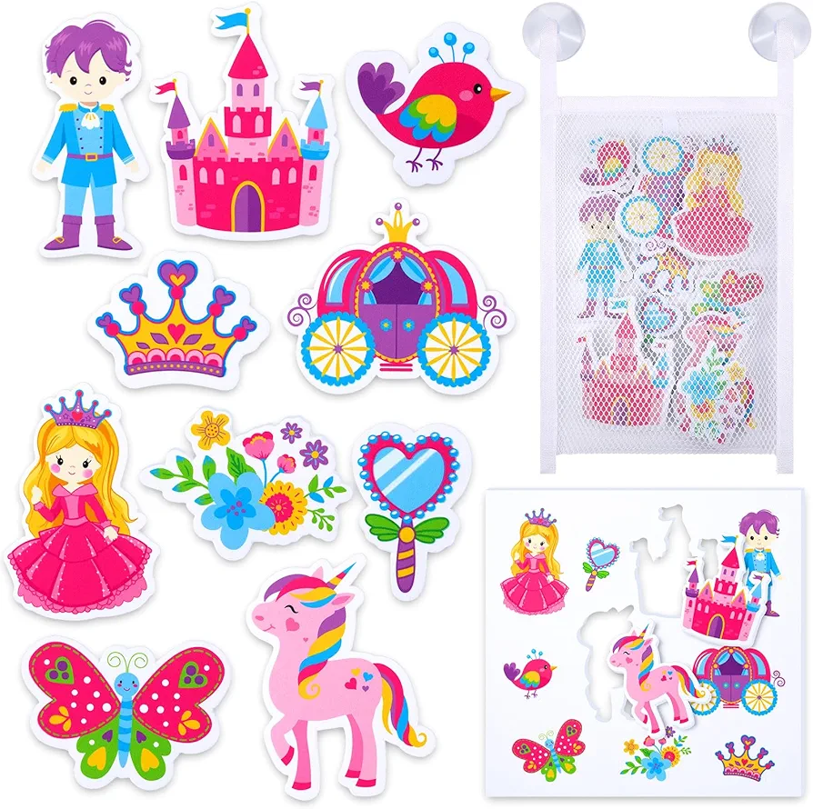 20 Pcs Princess Character Floating Foam Bath Toys Princess Puzzle Cute Bathing Bathtub Toys with Bath Toy Storage Bag Bathtub Toys for Baby Toddlers Kids Girls Boys