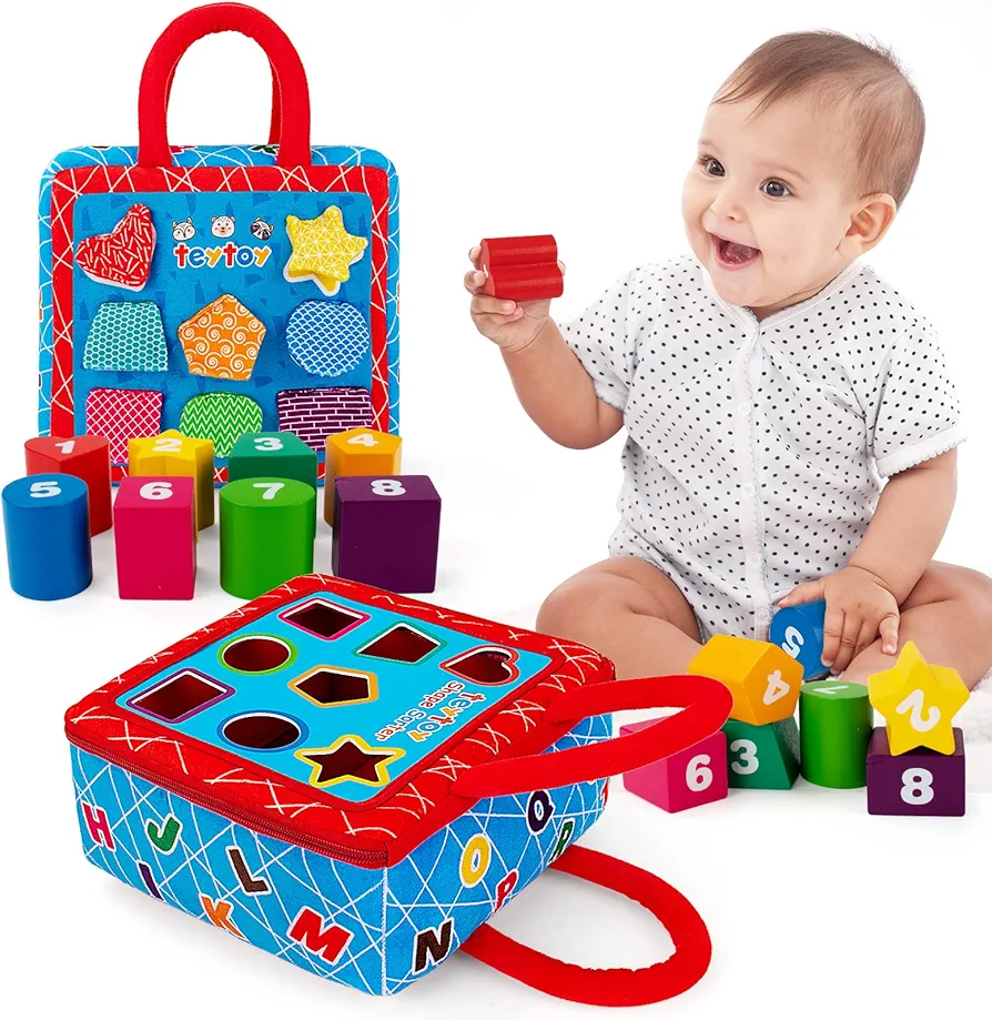 teytoy Shape Sorter Toys with 2-Sided Activity Bag and 8 Textured Shape Blocks Develop Sensory Fine Motor Skills Game Child Development Preschool Baby Toy for 6-12 Months and Older