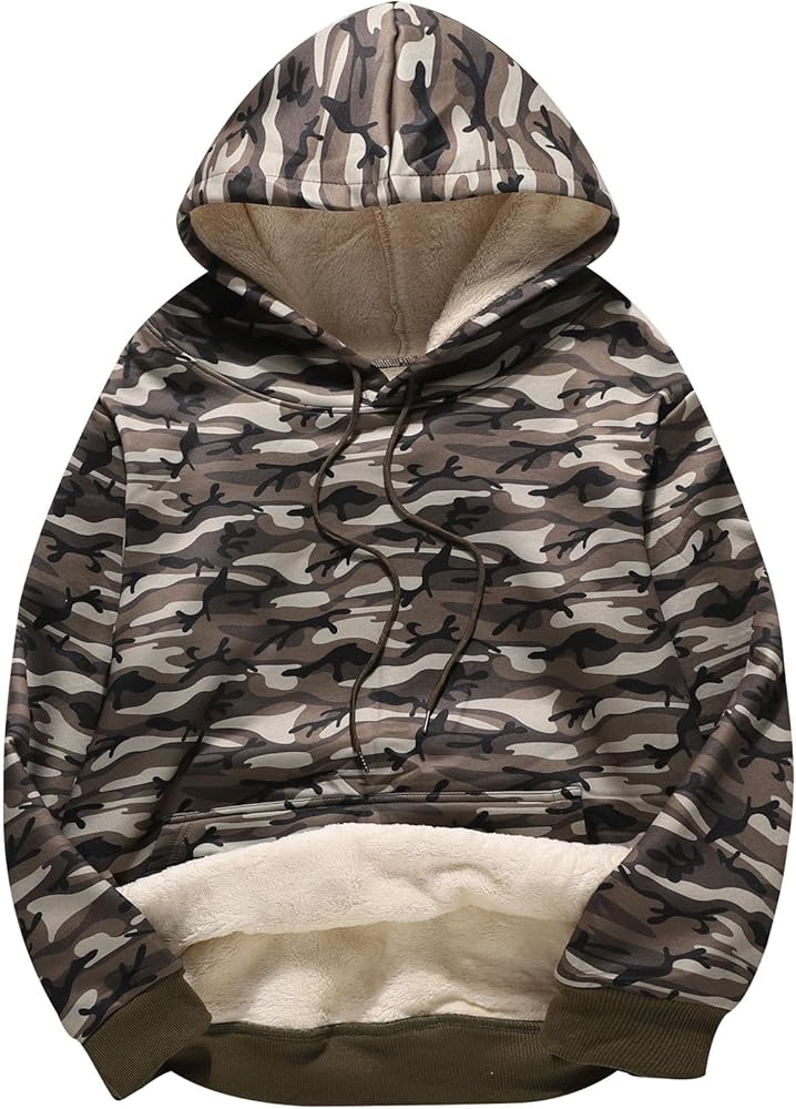 Flygo Men's Casual Fleece Sherpa Lined Camo Printed Hoodie Winter Warm Pullover Hooded Sweatshirt