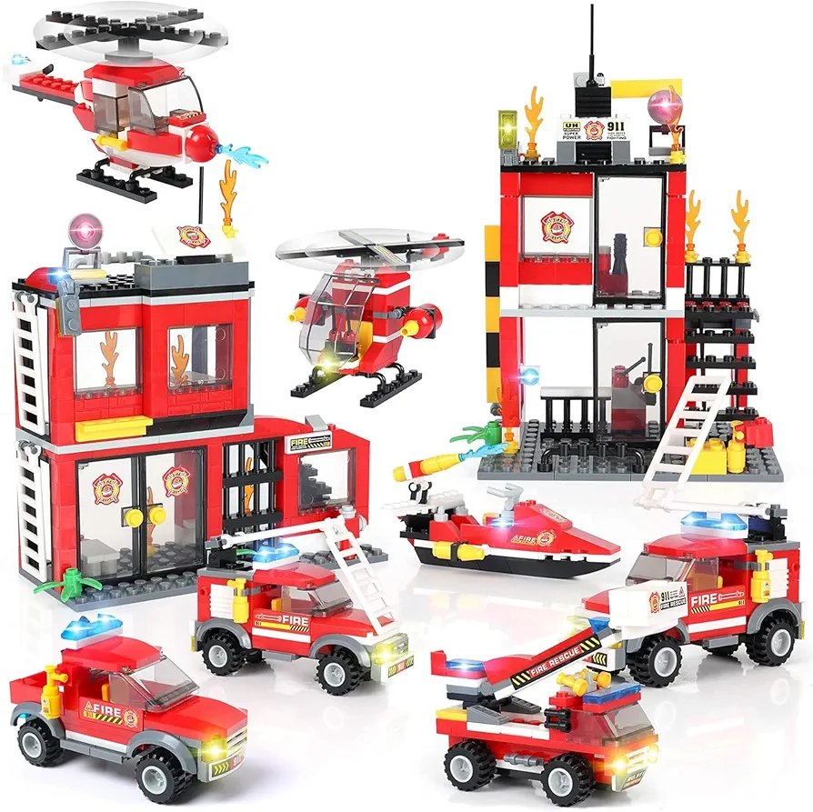 Building Blocks Toy City Police Fire Station, Exercise N Play City Fire Station Building Kit for Kids, W/Fire Truck, Helicopter, Boat, Best Learning Roleplay STEM Toy for Boys Girls Age 6+ (899 Pcs)