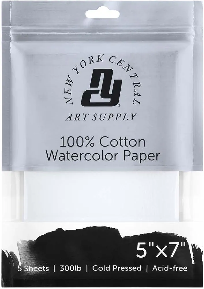 New York Central Watercolor Paper Sheets, 5x7 Inch, 300lb Cold Press, Pack of 5 - Professional Grade, Acid-Free, Archival, Superior Surface Stability for Artists, Students - for Wet and Dry Media