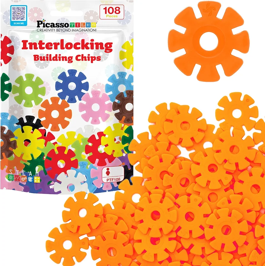 PicassoTiles Building Chip Interlocking Disc Construction Blocks in Orange Color STEM Learning Early Education Toy Engineering Playset Child Brain Development for Toddlers Girls Boys Kid Age 3+ PTF108