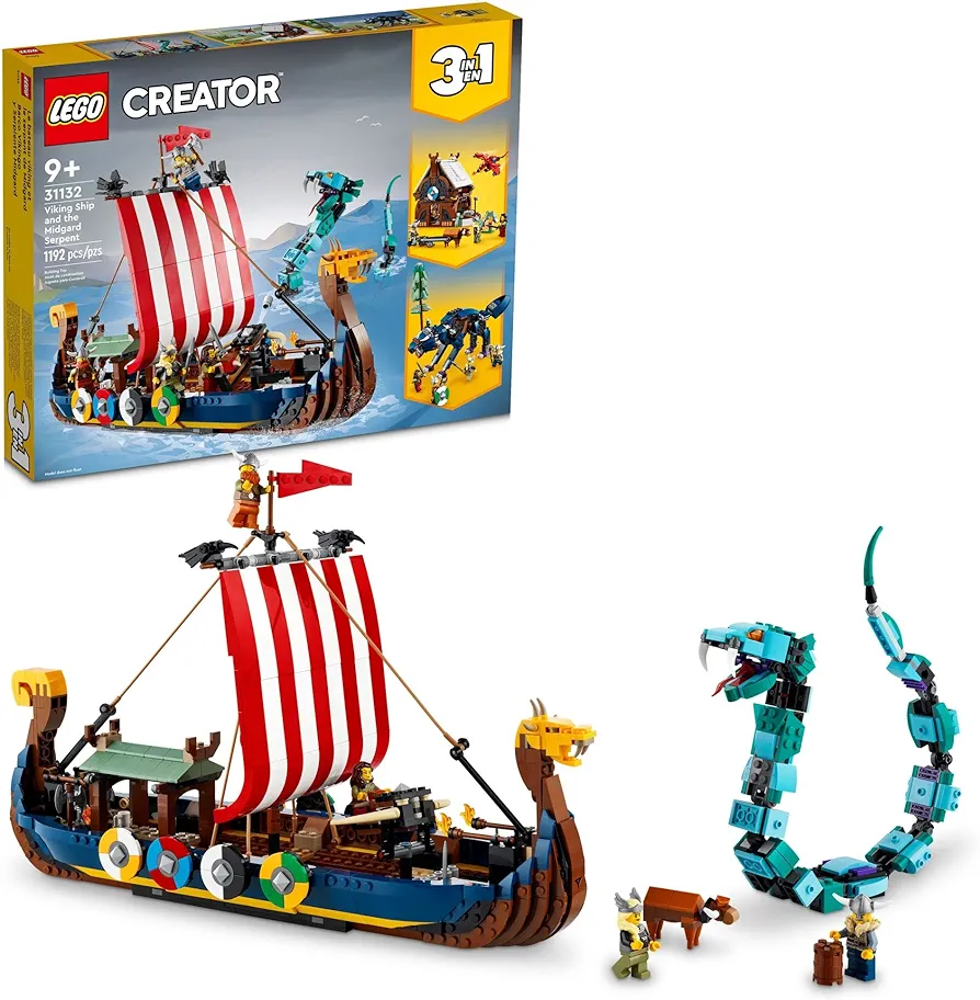 LEGO Creator 3in1 Viking Ship and The Midgard Serpent 31132, Toy Boat and Snake to House or Wolf Figure Building Set, Gifts for Kids, Boys & Girls