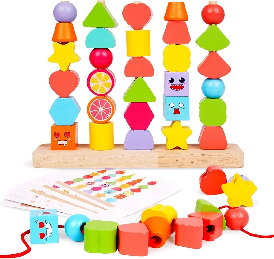 Montessori Wooden Bead Sequencing Toy Set Wood Lacing Beads Matching Shapes Colors Sorting Stacking Toy for 3-5 Year Old STEM Preschool Learning Recognition Toys Stacking Blocks