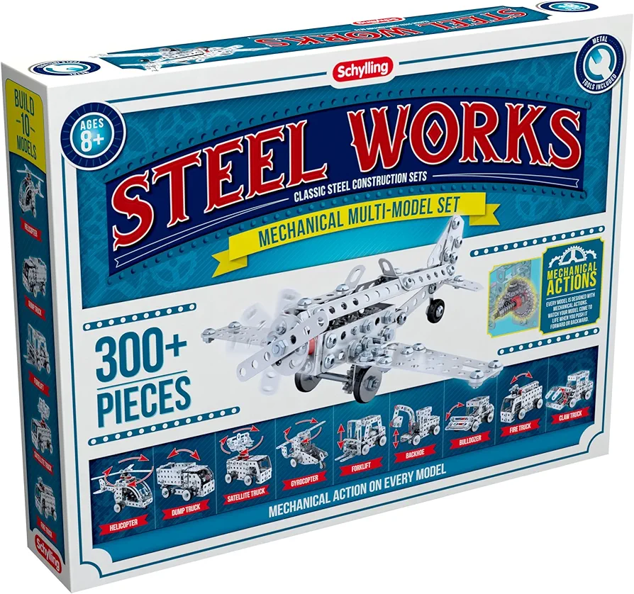 Schylling Steel Works Mechanical Multi-Model - Steel Building Set - Includes 300 Pieces, Tools, and Instructions to Make 10 Different Models - Ages 8 and Up