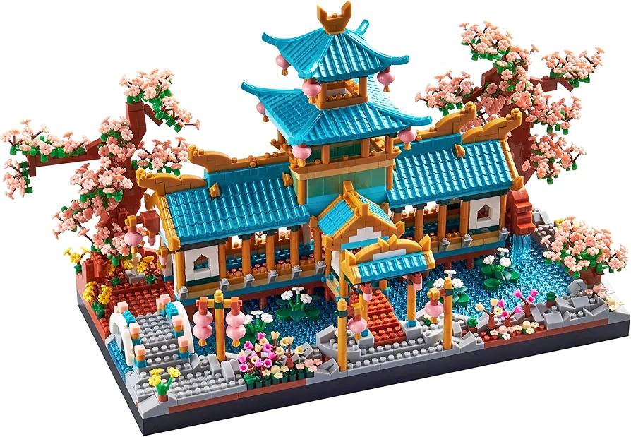 JXRLMB City Architecture and Collection Micro blocks Modle Building Sets The Classical Gardens of Suzhou and Sakura Tree, a Idear DIY Cherry Trees Kit for Adults and Kids 2350 pcs with 2 Figures