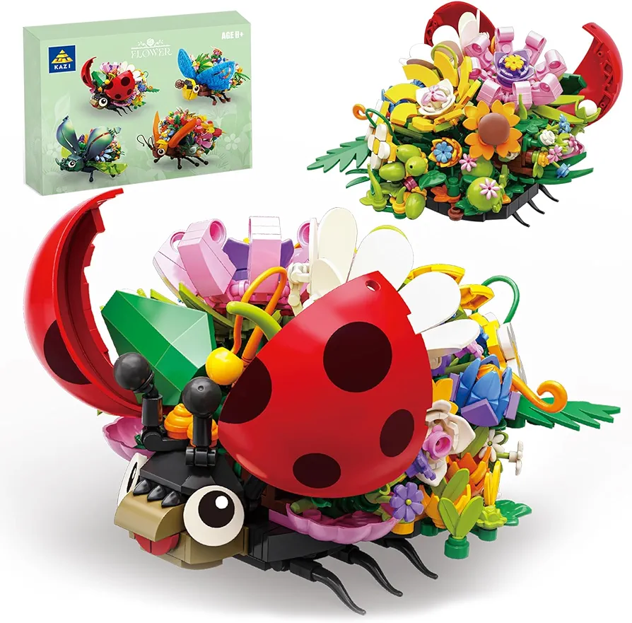 KAZI Bugs Building Set,Ladybug Combine with Flowers Display Models,Insect Collection Building Blocks for Kids Ages 8+, Home Decor for Girls