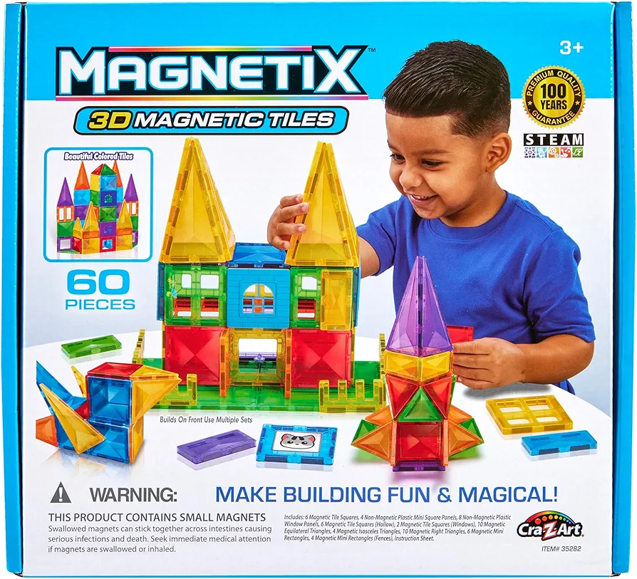 Cra-Z-Art Magnetix 60 Piece 3D Magnetic Tiles for Kids Ages 3 and Up, Colorful Translucent Magnetic Construction Blocks