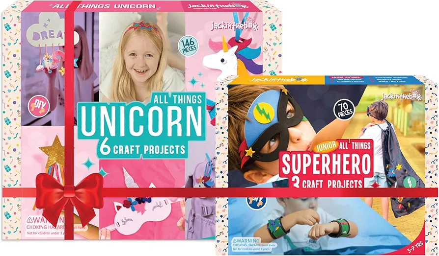 jackinthebox Gift for Little Girls & Boys (Unicorn 6-in-1 + Superhero 3-in-1) Craft Kit for Kids | Superhero & Unicorn Themed Arts and Crafts for Kids I Best Gift for Children Ages 3 4 5 6 7 8 Years