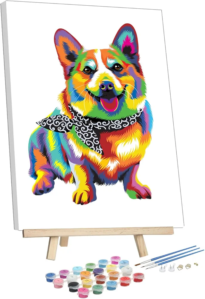 Paint by Numbers,DIY Oil Painting Kit for Kids – 12” x 16” Colorful Corgi with Wooden Easel