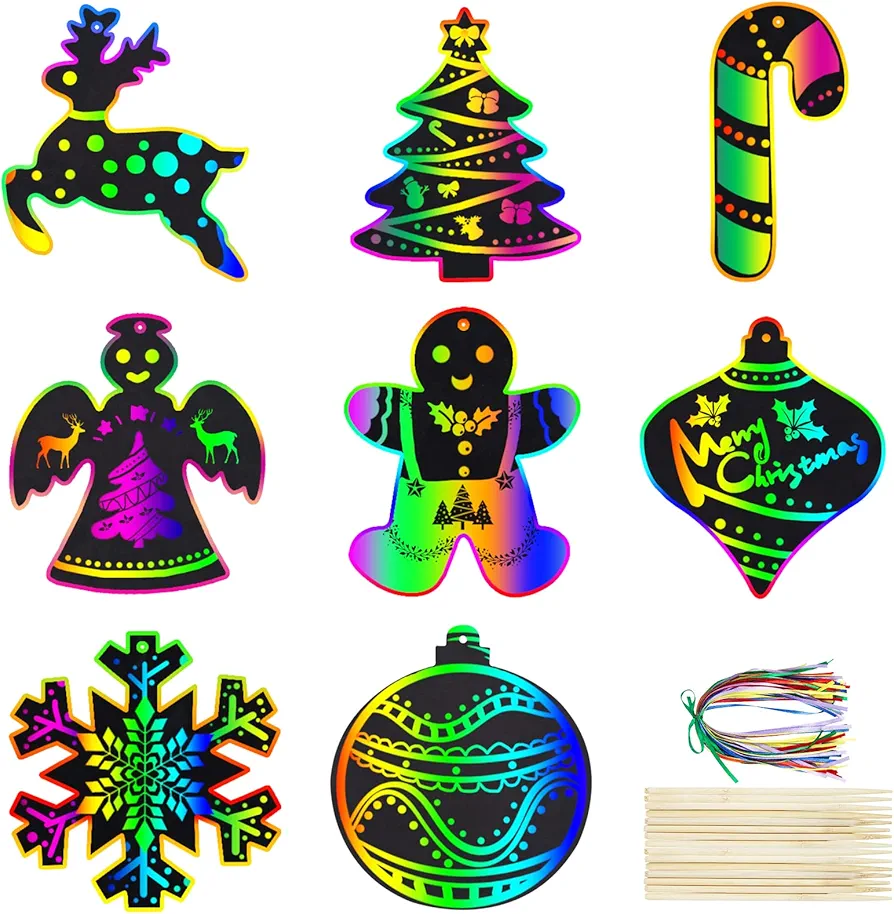 48 Pcs Christmas Scratch Art for Kids, Snowman Elk Rainbow Scratch Paper Angel Bell Christmas Crafts for Kids Christmas Party Favors Supplies Gifts DIY Decoration