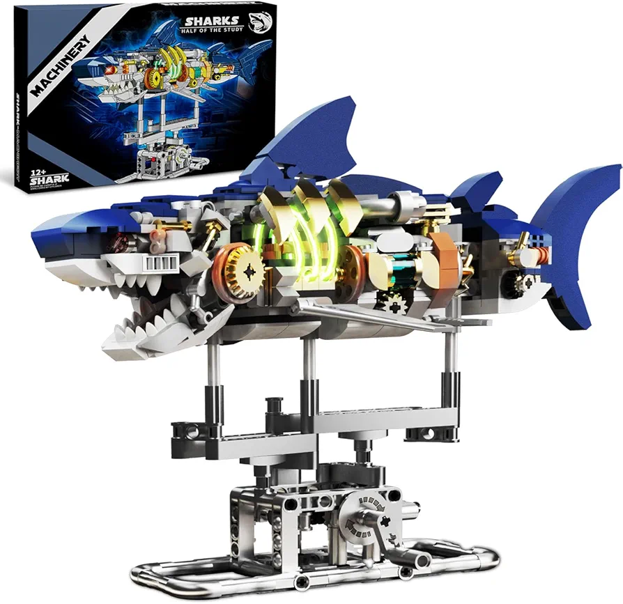 Ideas Mechanical Shark Building Set - with Display Stand and Light, Marine Animal with Linkage Function, Gift for Adults, Ocean & Mechanical Enthusiasts. (Compatible with Legos for Boys Age 8-12)